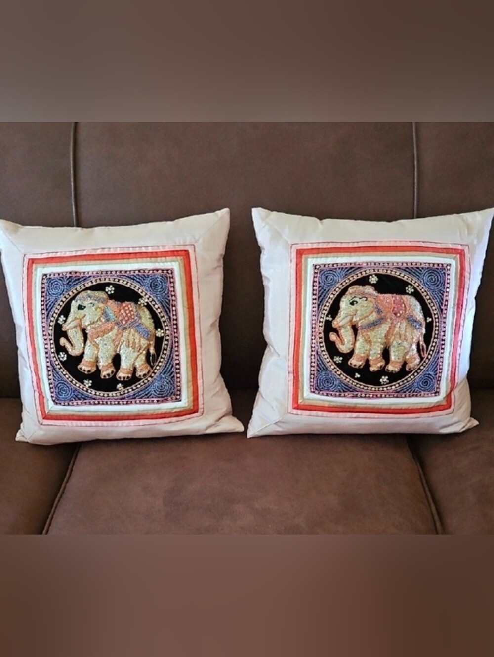 Throw Pillow Cover Set Elegant Thai Elephant Sequin Embroidered Set - 1980's